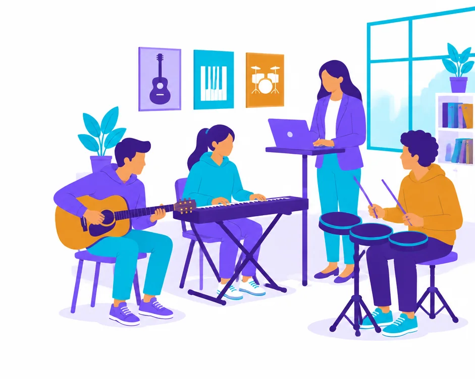 A music teacher reviews class progress on a laptop while three students practise acoustic guitar, digital keyboard and electronic drum pads.